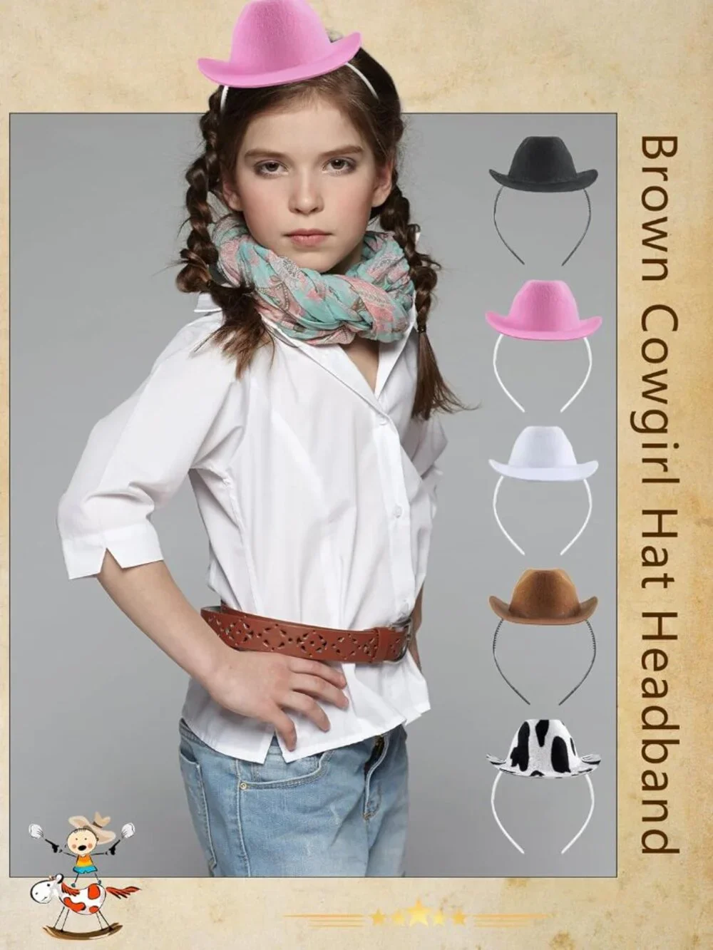 Kids White Pink Plastic Western Cowgirl Cowboy Hat Headband 4 Pack